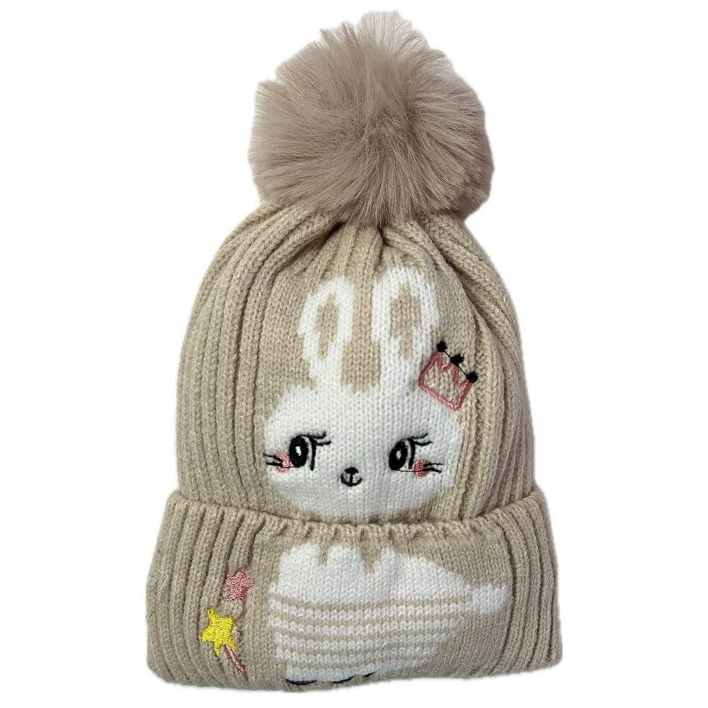 Bunny Kids Boys Girls Winter Pom Pom Xmas Holidays Knitted Warm Hat Beanie-Beige